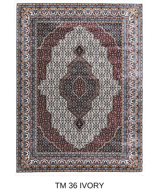 Elnaz ivory Persian medallion machine-made polyester carpet, full view