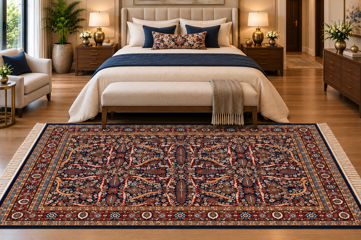 Daria navy Persian garden machine-made polyester carpet, view 2