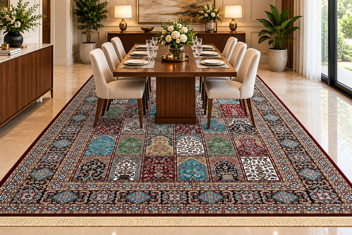 Baghgul red Persian garden panel machine-made viscose carpet, view 3