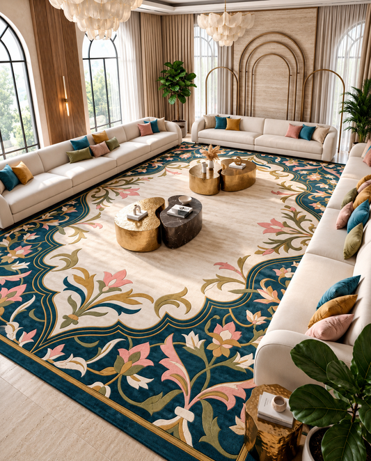 Gulbahar teal and cream floral border hand tufted wool rug, full view