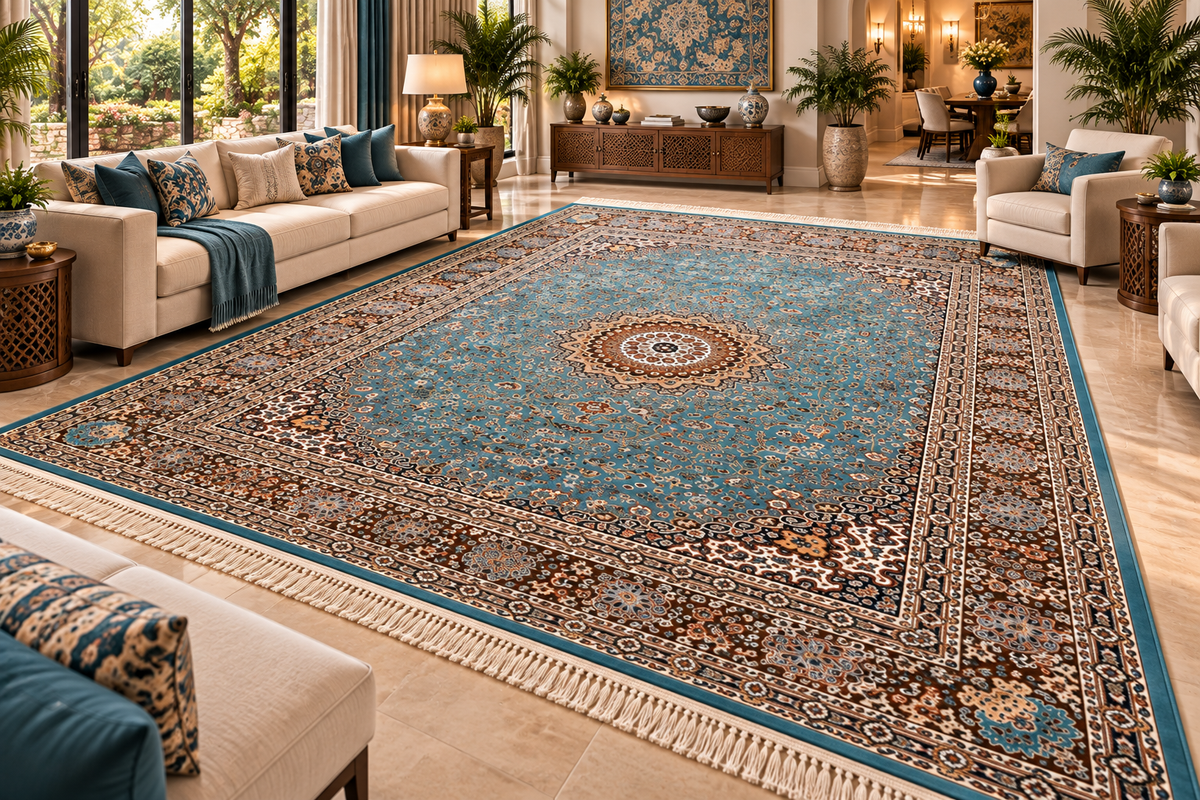 Nasrin aqua and brown Persian medallion machine-made polyester carpet, view 3