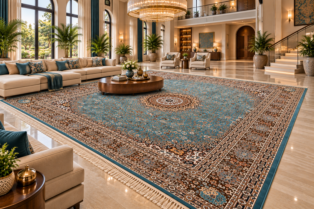 Nasrin aqua and brown Persian medallion machine-made polyester carpet, view 5