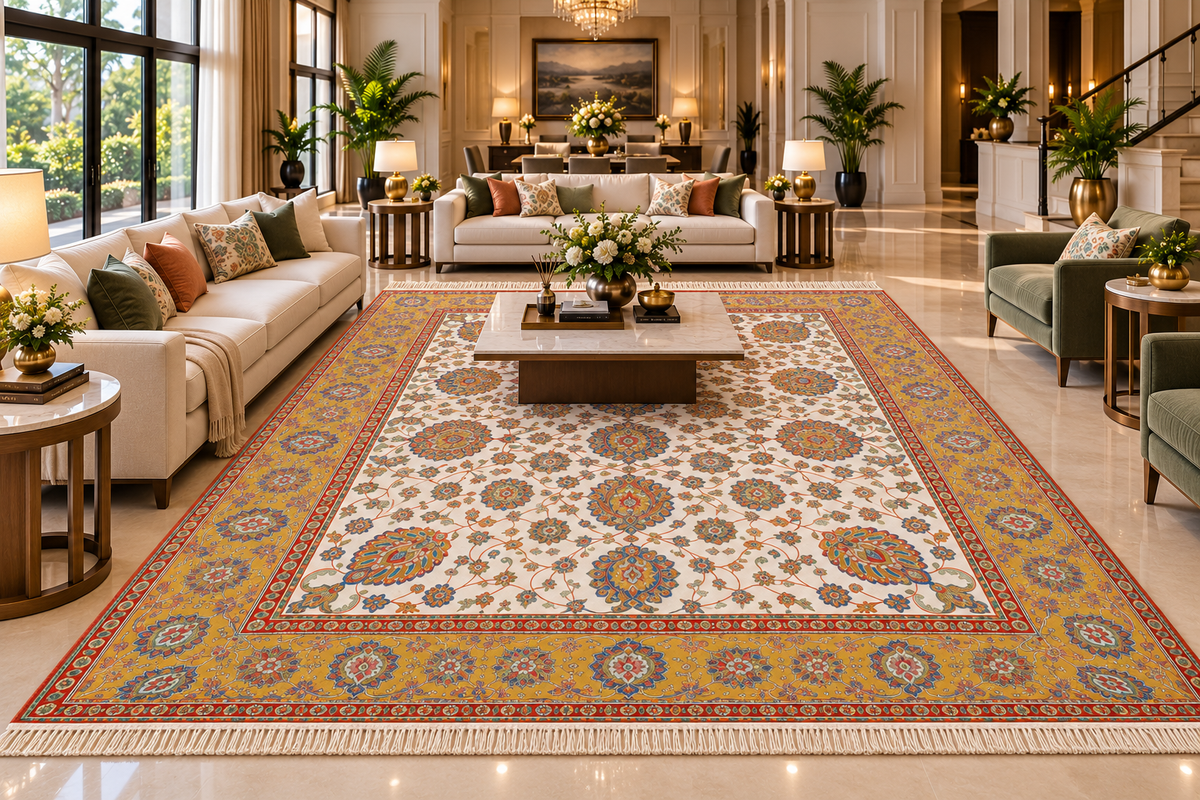 Tala white and gold Persian floral machine-made polyester carpet, view 3
