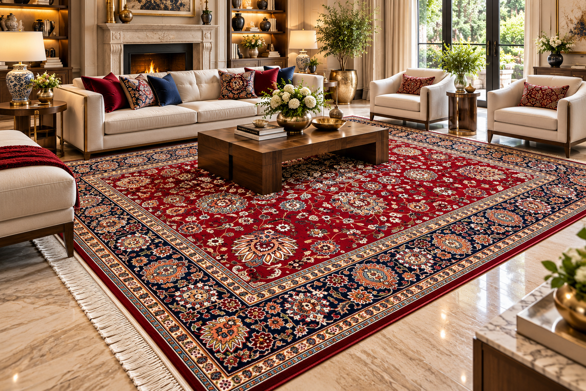 Tara red and navy Persian floral machine-made polyester carpet, view 3