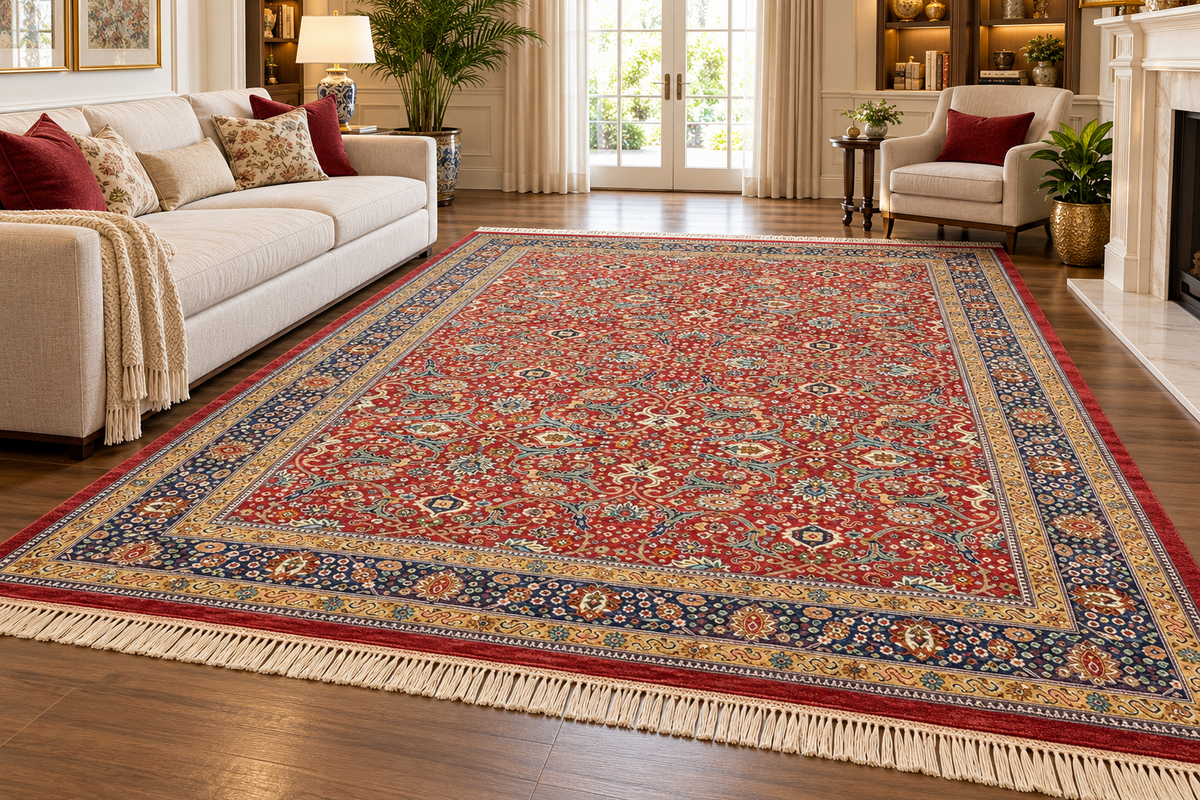 Roshan red and navy Persian floral machine-made polyester carpet, view 2