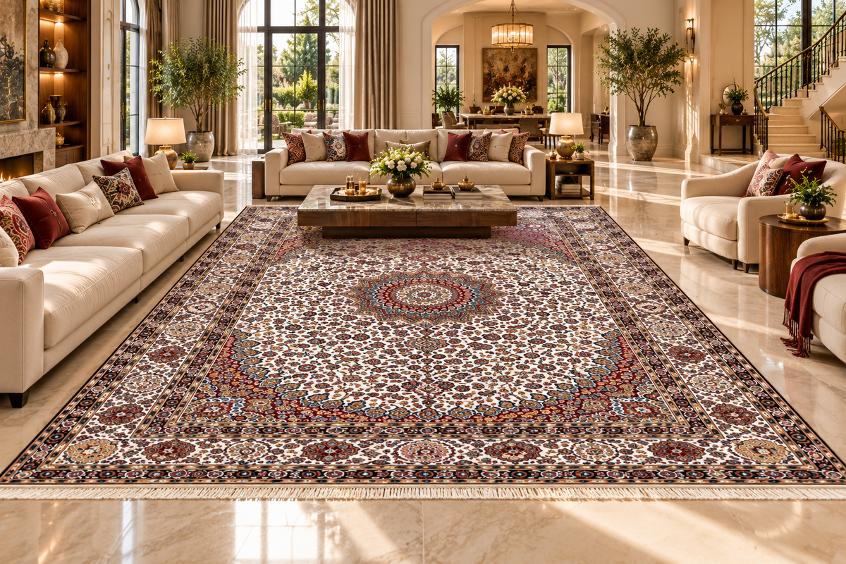 Negin white Persian medallion machine-made polyester carpet, view 4