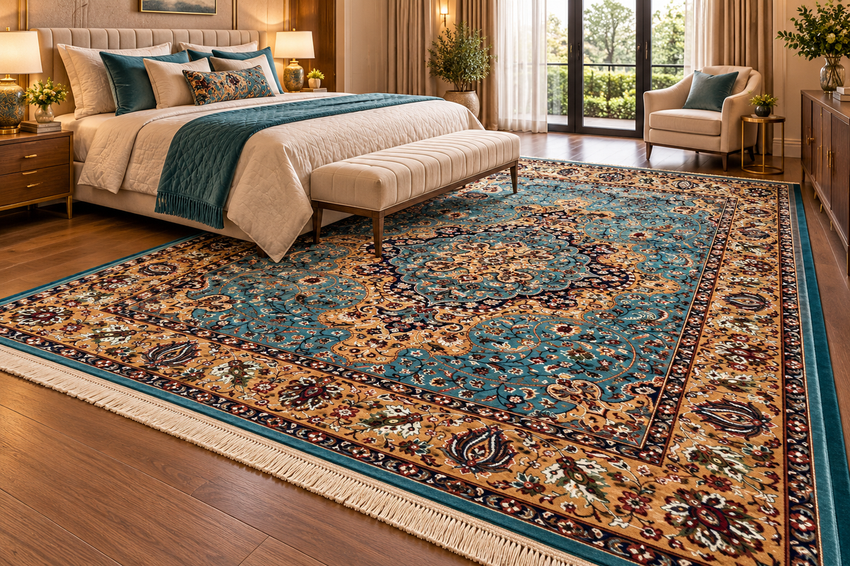 Firoza aqua and gold Persian medallion machine-made polyester carpet, view 2