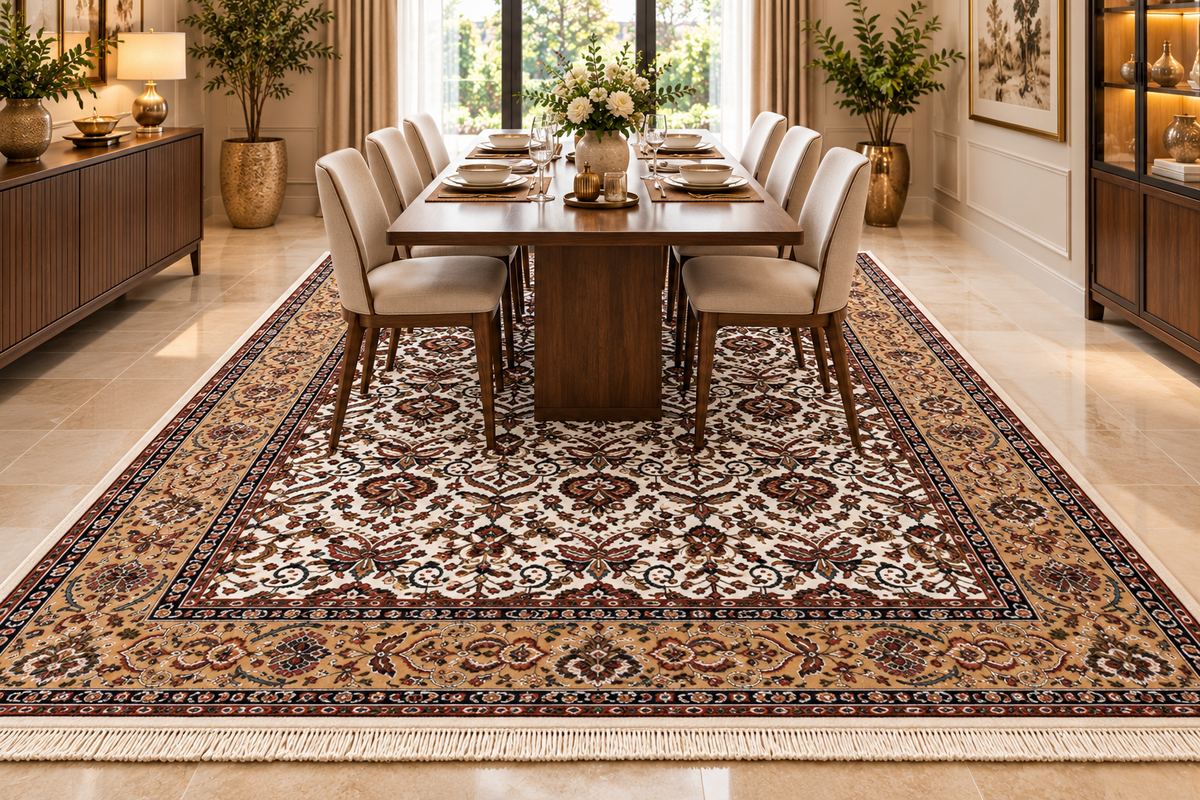 Sepideh beige and gold Persian floral machine-made polyester carpet, view 3
