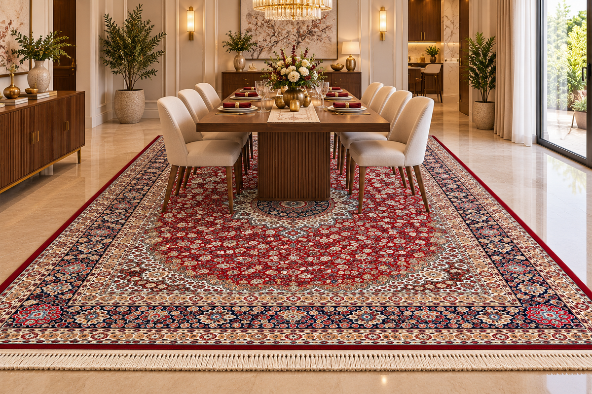 Gulnar red and navy Persian medallion machine-made polyester carpet, view 5