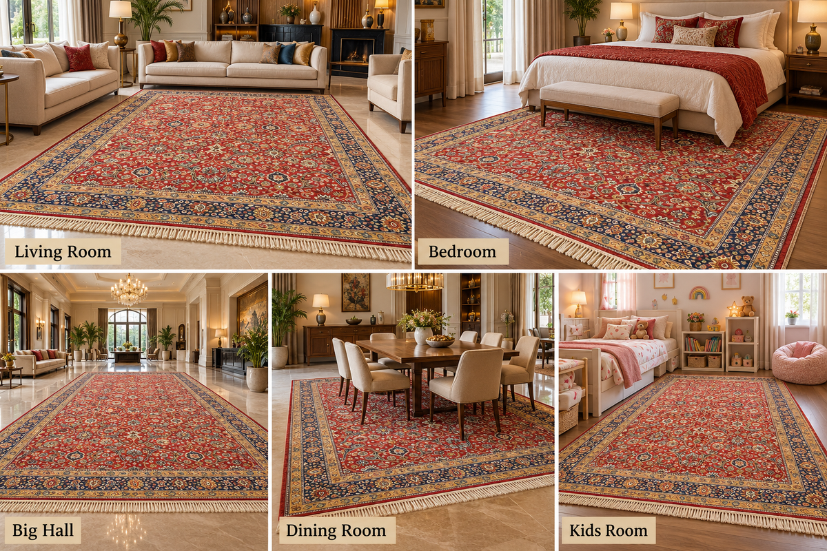 Roshan red and navy Persian floral machine-made polyester carpet, view 5