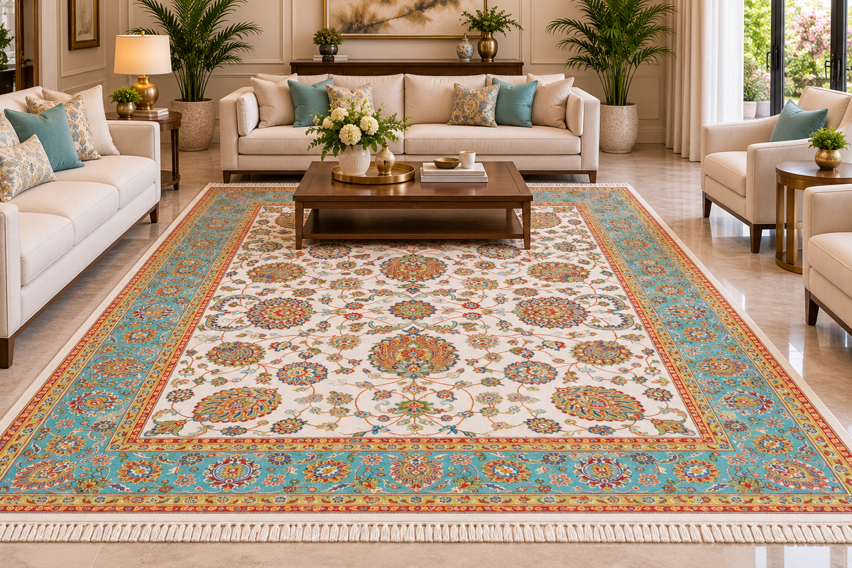 Zohreh white and aqua Persian floral machine-made polyester carpet, view 5