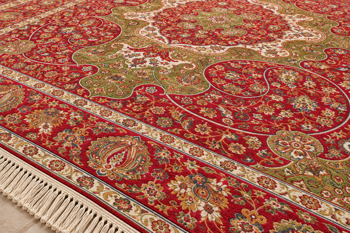 Laleh red and green Persian medallion machine-made polyester carpet, view 7