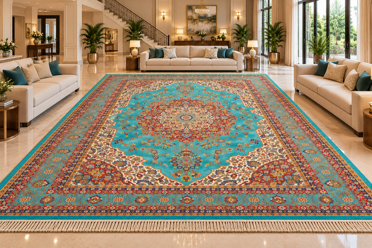 Ghazal turquoise Persian medallion machine-made polyester carpet, view 3