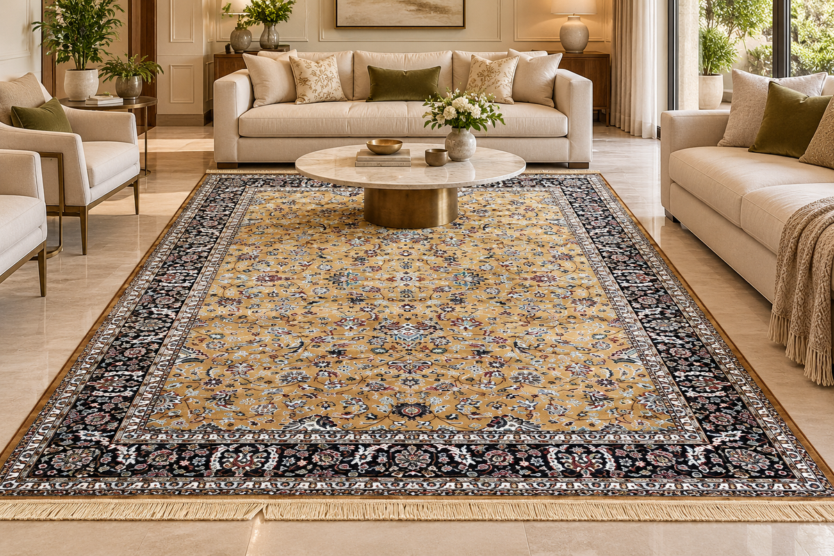 Tilla gold and navy Persian floral machine-made viscose carpet, view 2