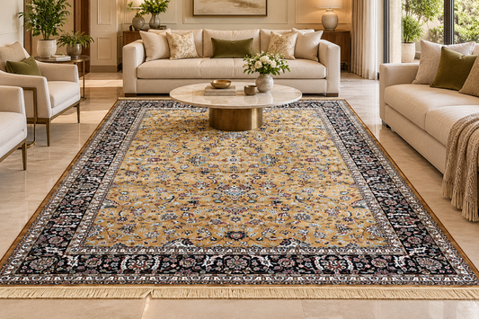 Tilla gold and navy Persian floral machine-made viscose carpet, view 2