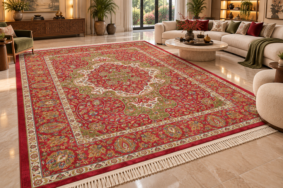 Laleh red and green Persian medallion machine-made polyester carpet, view 3
