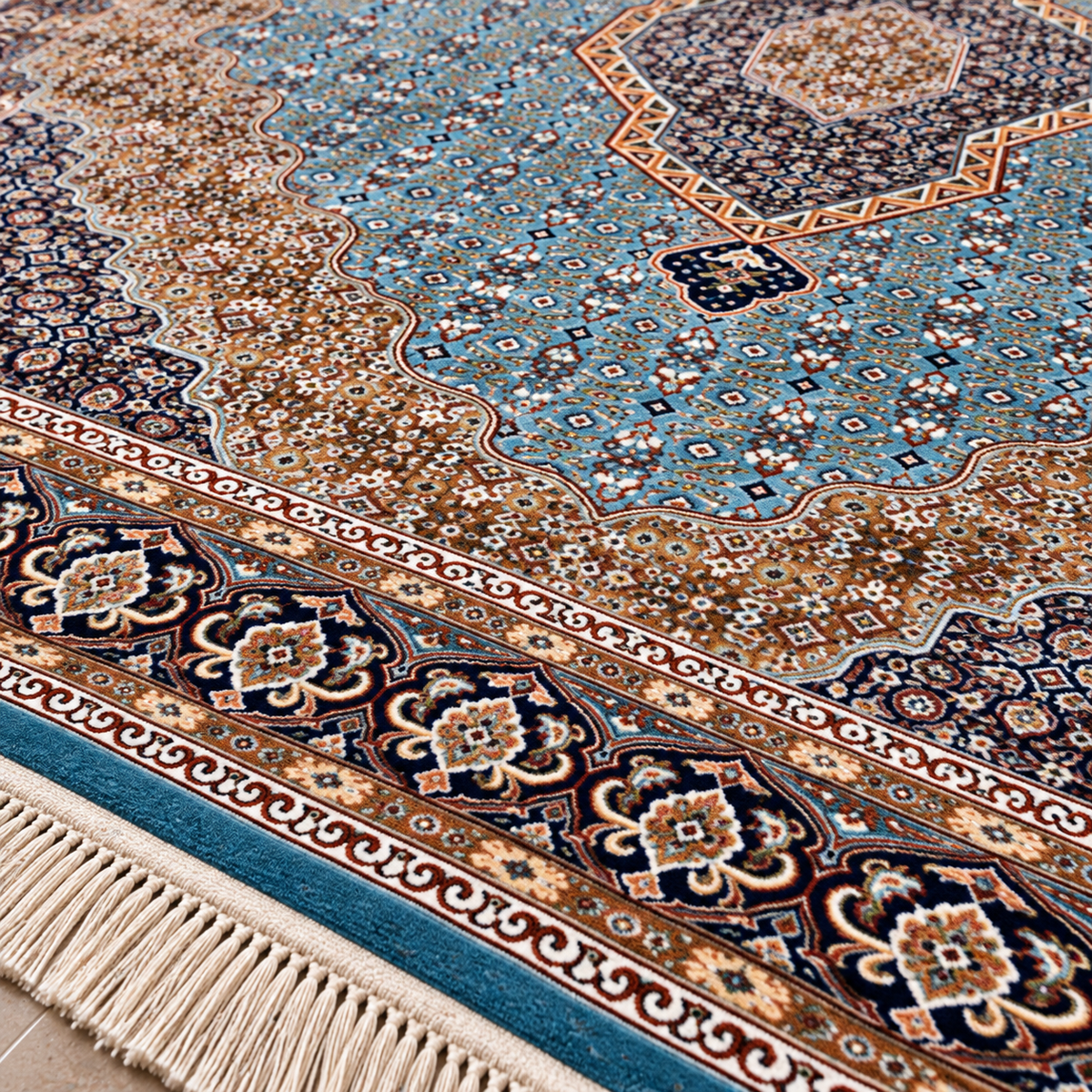 Yasmin turquoise Persian medallion machine-made polyester carpet, view 6