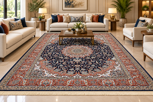 Behnaz navy and rust Persian medallion machine-made viscose carpet, view 2