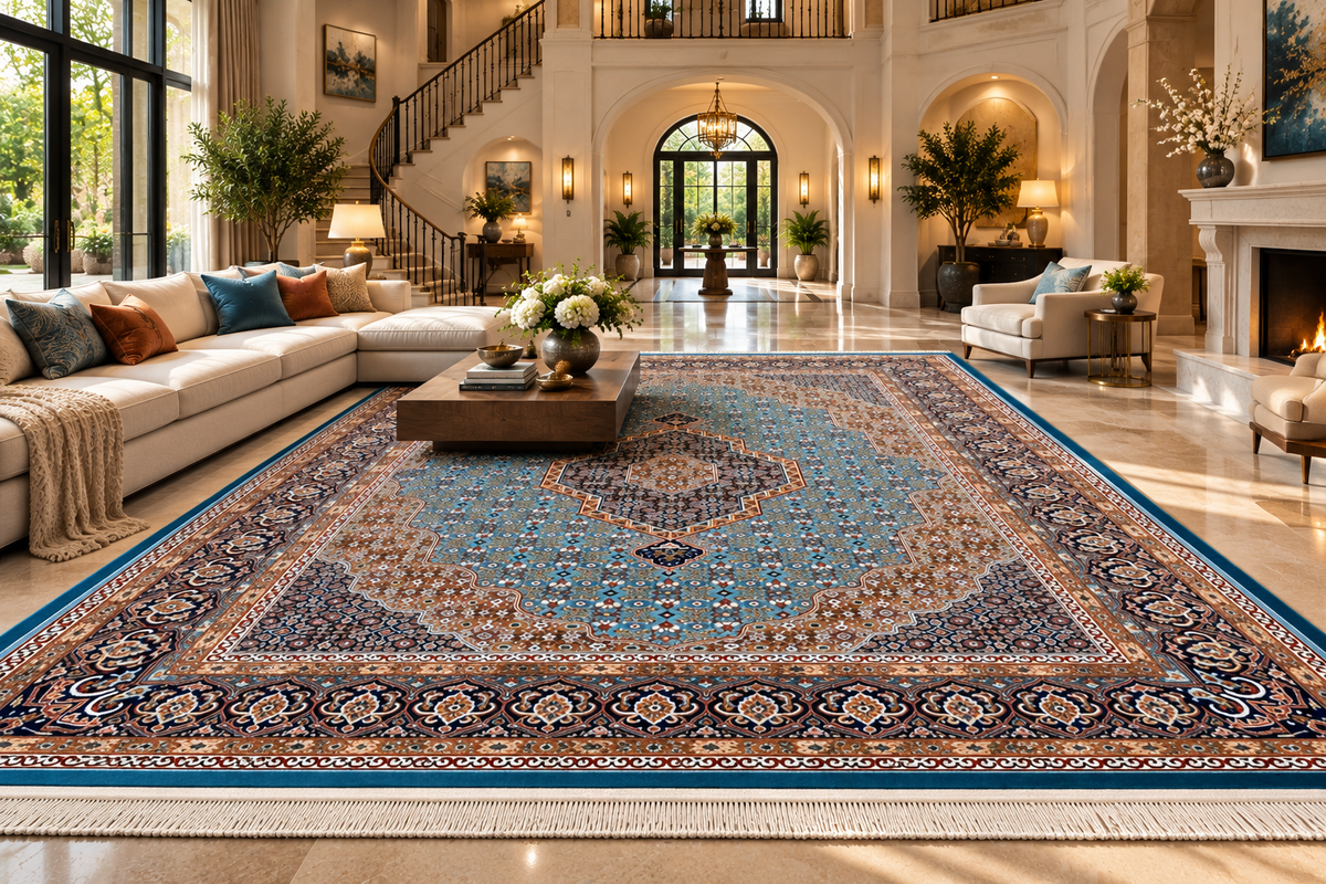 Yasmin turquoise Persian medallion machine-made polyester carpet, view 3