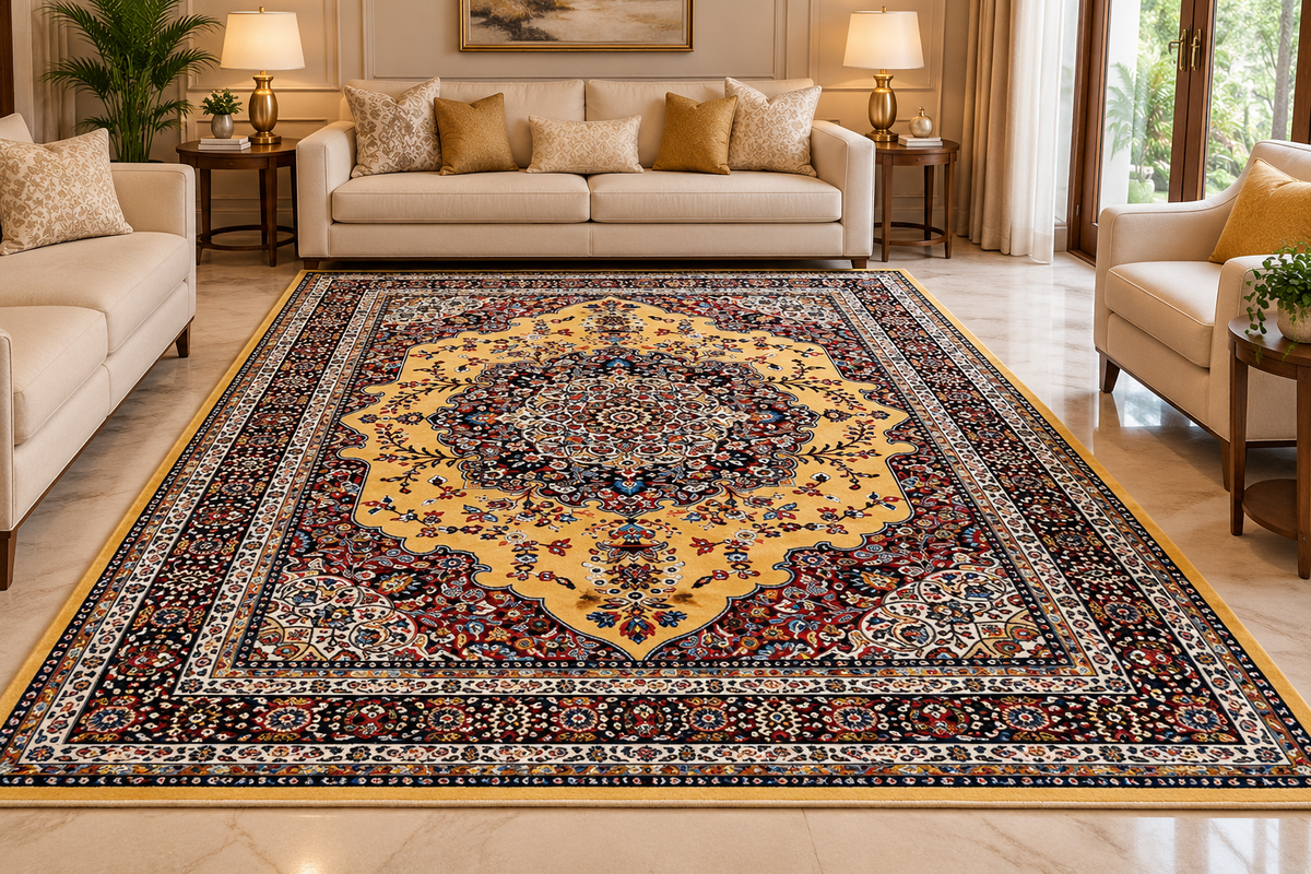 Zarin gold Persian medallion washable acrylic silk carpet, view 3