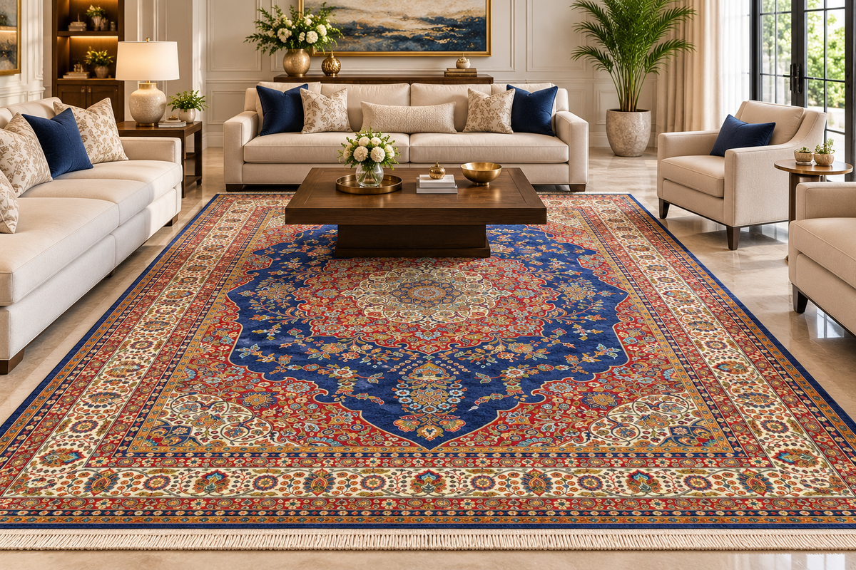 Mahsa navy and white Persian medallion machine-made polyester carpet, view 5
