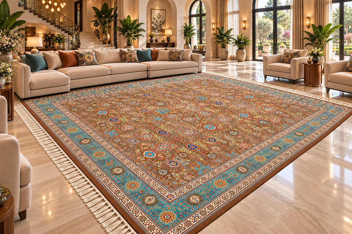 Parisa brown and aqua Persian floral machine-made polyester carpet, view 3