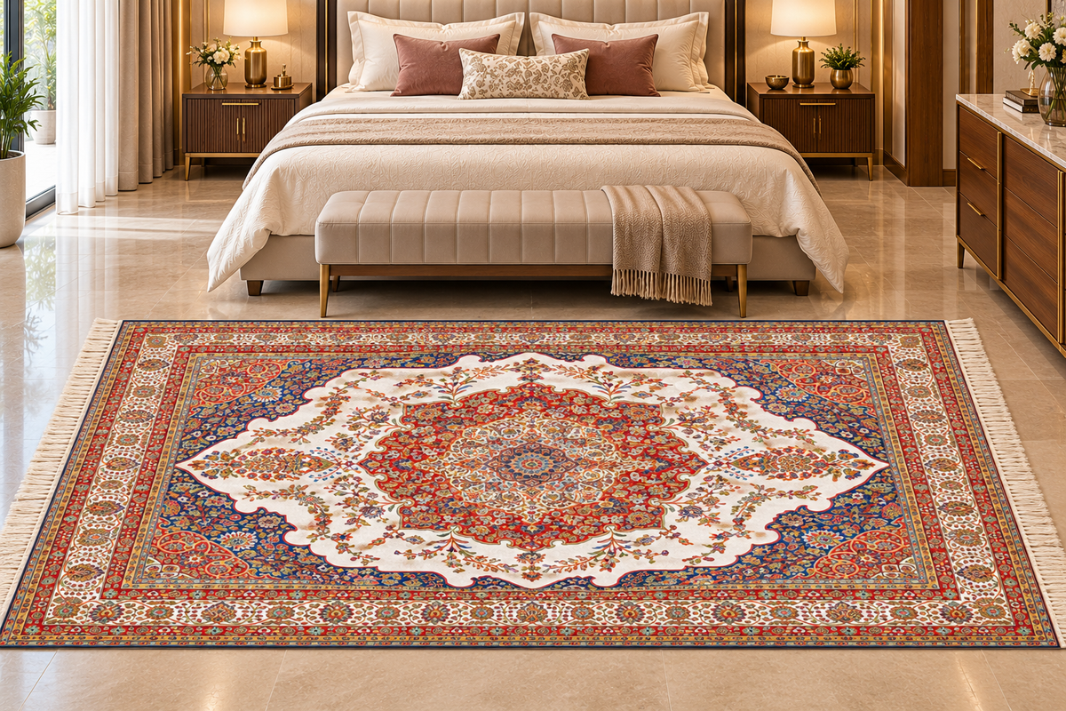 Shabnam silver Persian medallion machine-made polyester carpet, view 4