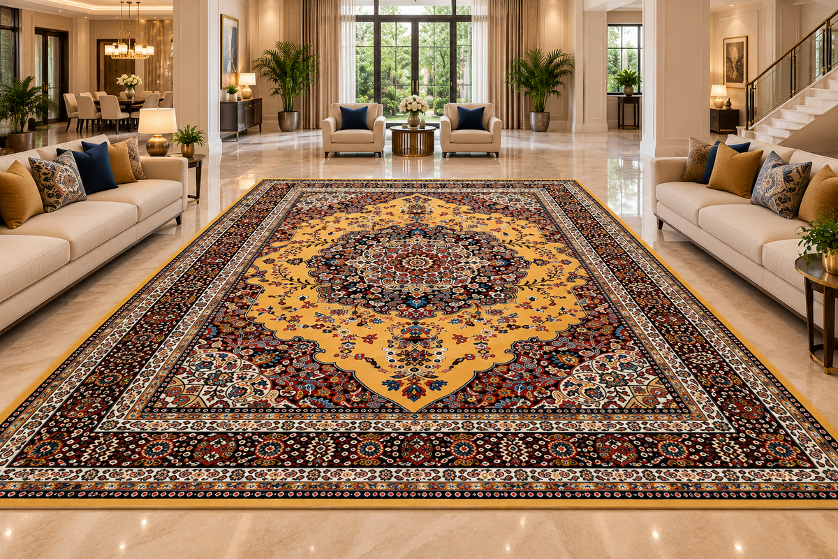 Zarin gold Persian medallion washable acrylic silk carpet, view 4