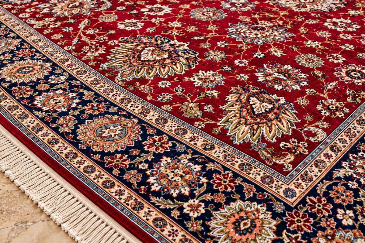 Tara red and navy Persian floral machine-made polyester carpet, view 6