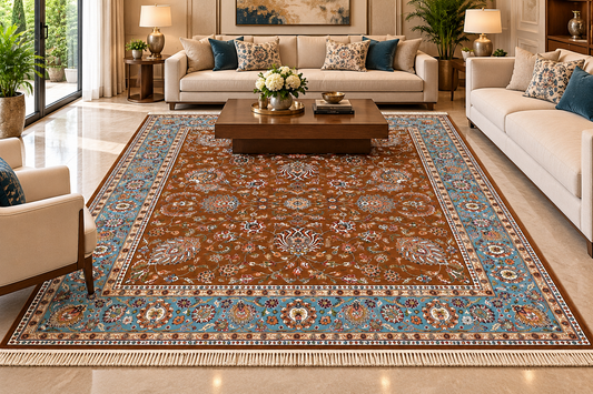 Mahnaz brown and aqua Persian floral machine-made polyester carpet, view 2