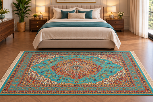 Ghazal turquoise Persian medallion machine-made polyester carpet, view 2