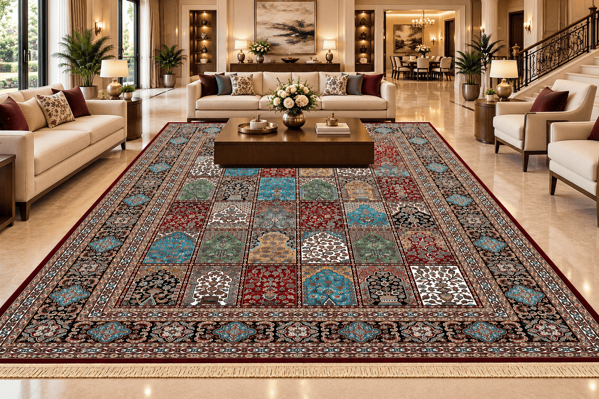 Baghgul red Persian garden panel machine-made viscose carpet, view 4