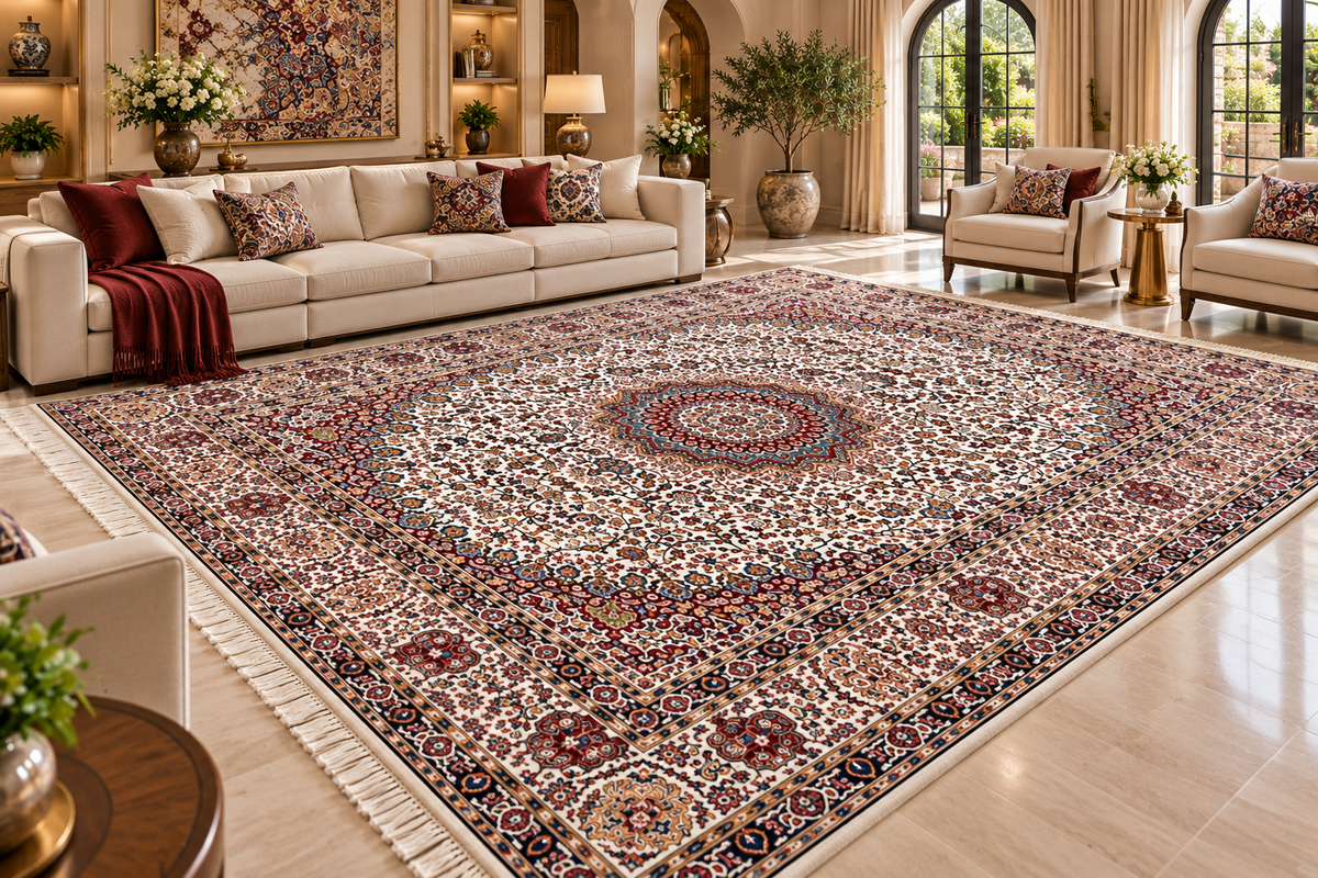 Negin white Persian medallion machine-made polyester carpet, view 3