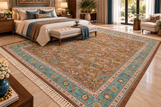 Parisa brown and aqua Persian floral machine-made polyester carpet, view 2