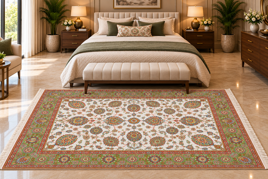 Golnaz white and green Persian floral machine-made polyester carpet, view 2