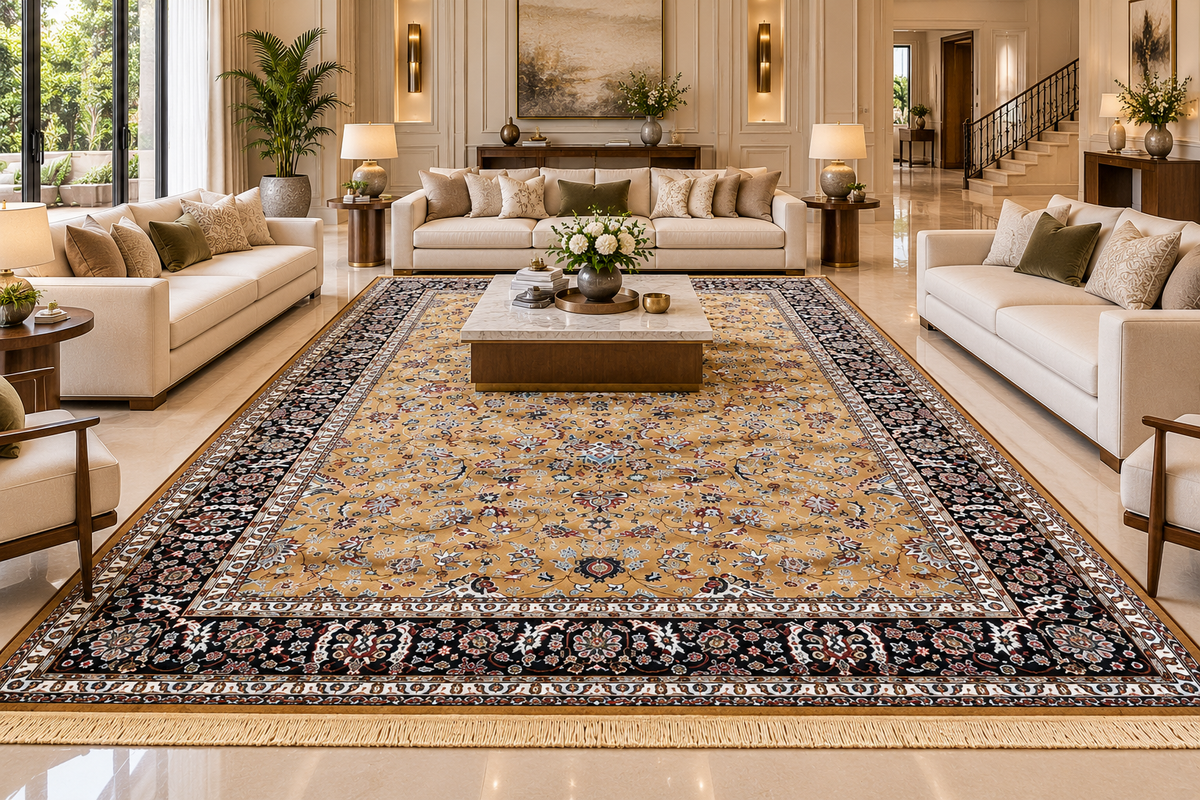 Tilla gold and navy Persian floral machine-made viscose carpet, view 5