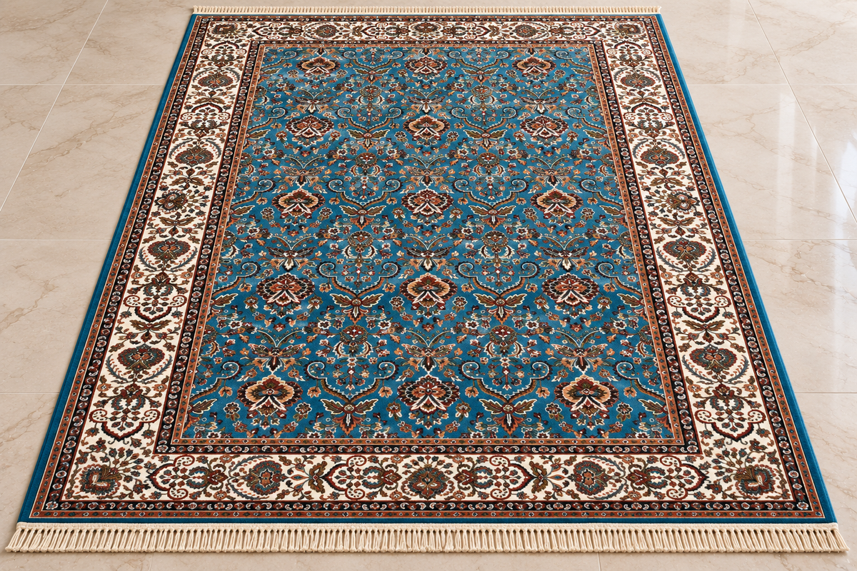 Nilufar aqua and beige Persian floral machine-made polyester carpet, view 2