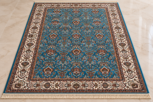Nilufar aqua and beige Persian floral machine-made polyester carpet, view 2