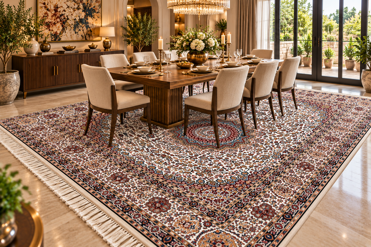 Negin white Persian medallion machine-made polyester carpet, view 5