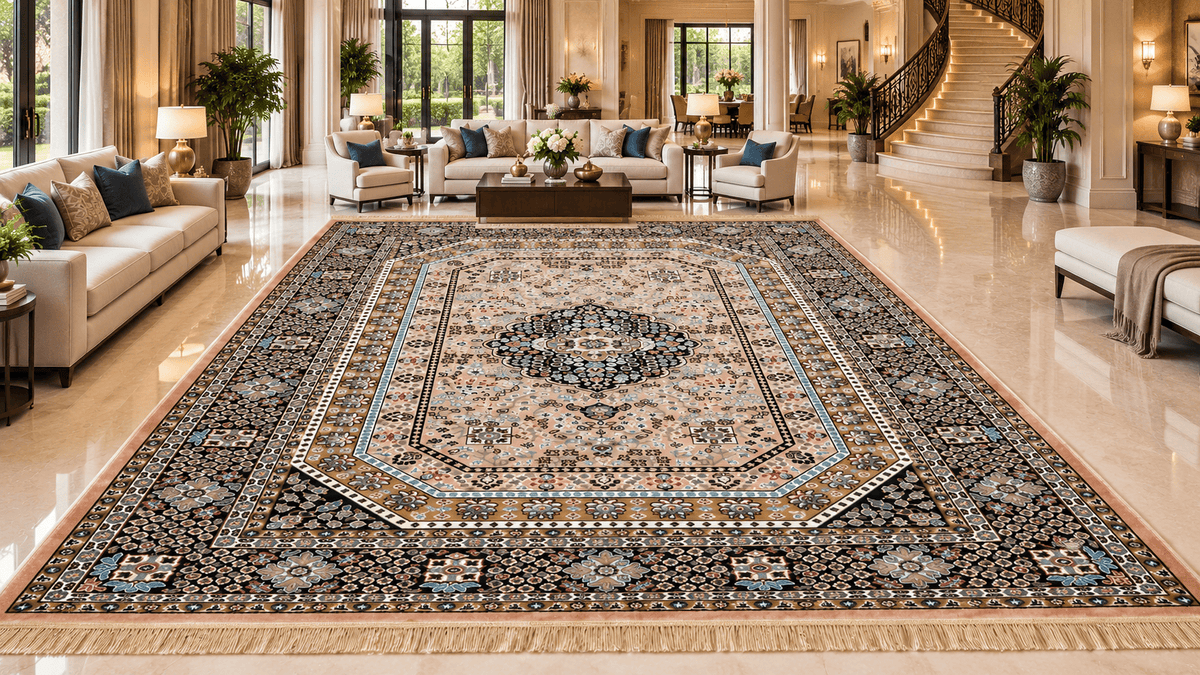 Gulnoosh pink and black Persian octagon medallion machine-made viscose carpet, view 4