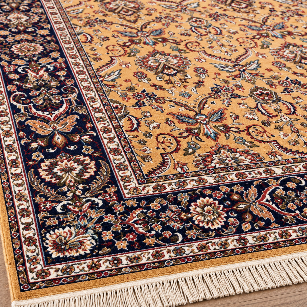 Mitra gold and navy Persian floral machine-made polyester carpet, view 5
