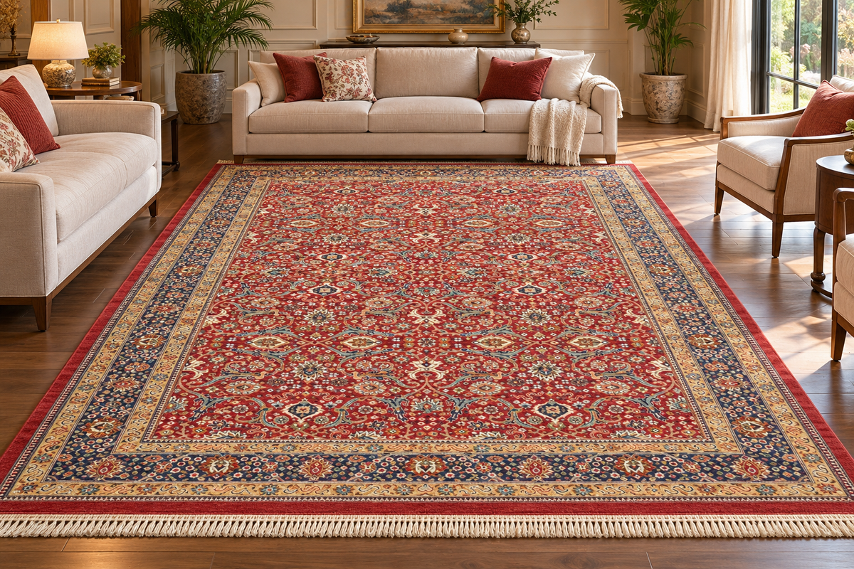 Roshan red and navy Persian floral machine-made polyester carpet, view 3