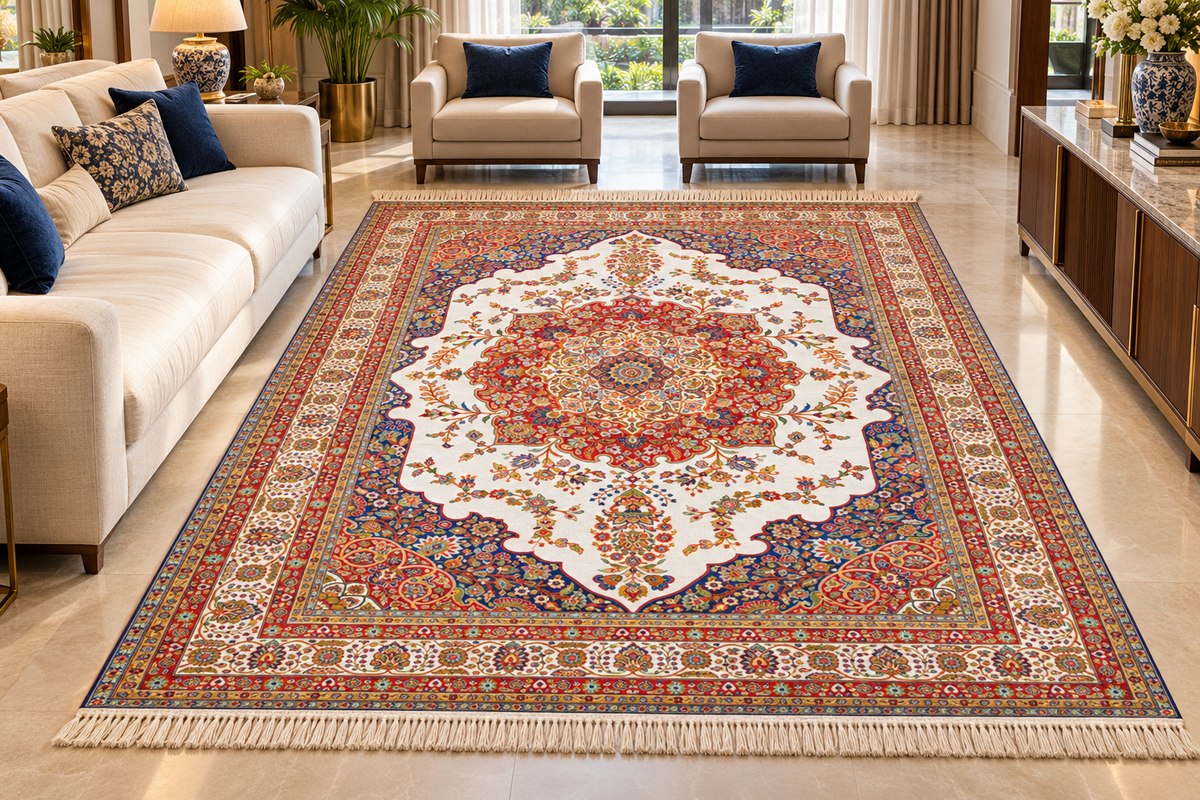 Shabnam silver Persian medallion machine-made polyester carpet, view 3