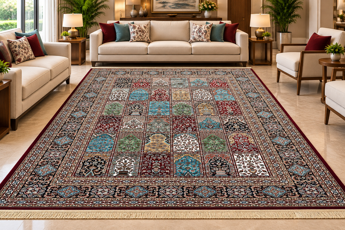 Baghgul red Persian garden panel machine-made viscose carpet, view 2