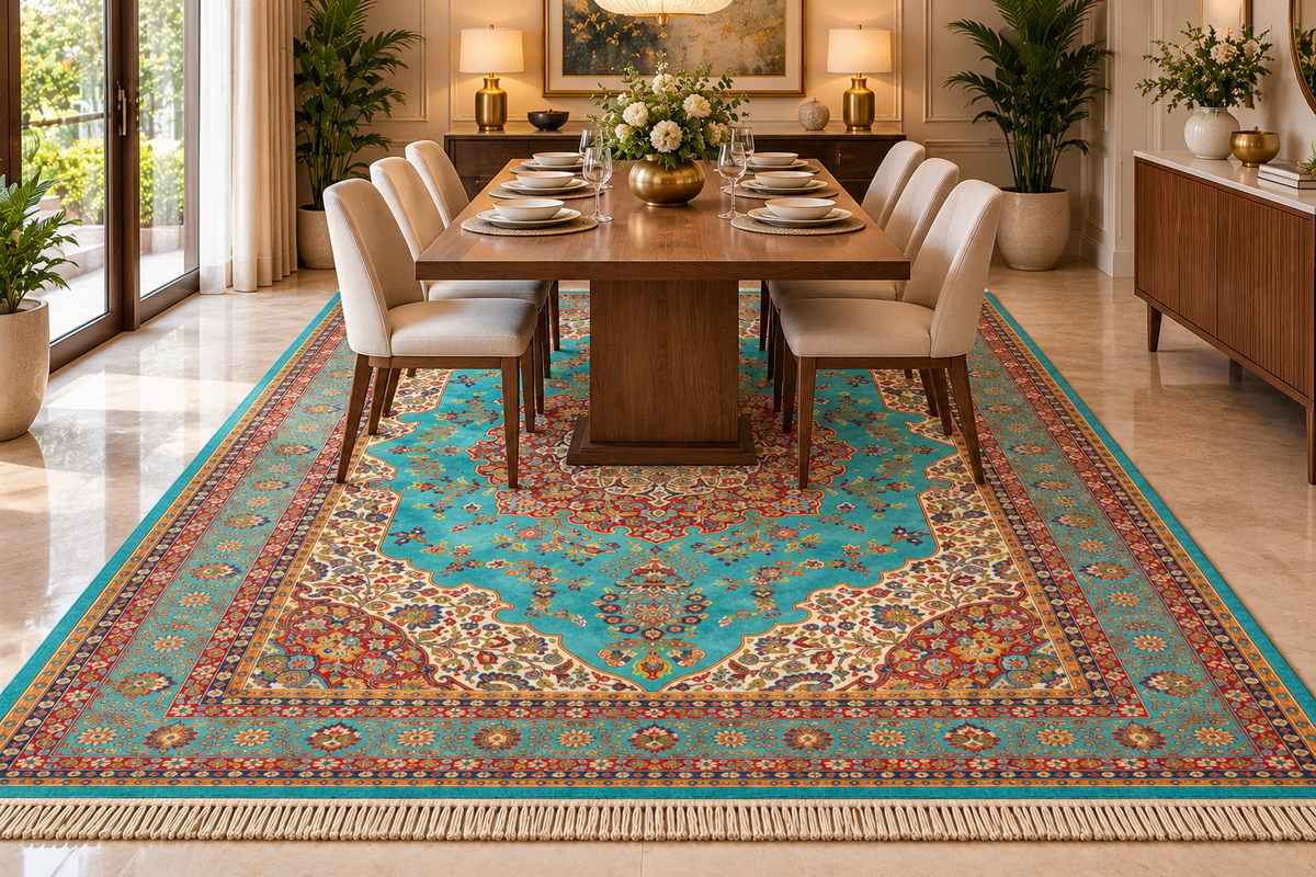 Ghazal turquoise Persian medallion machine-made polyester carpet, view 4