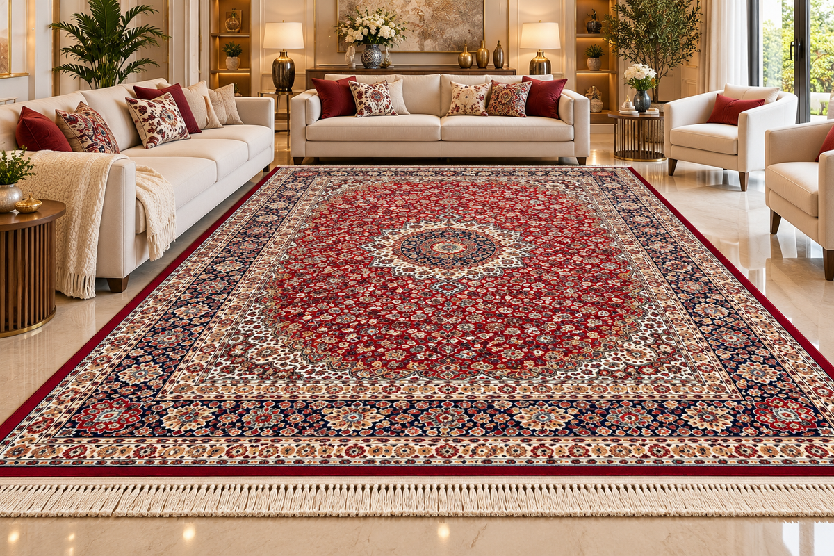 Gulnar red and navy Persian medallion machine-made polyester carpet, view 3