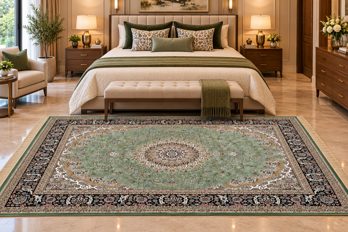 Zumurrud green and navy Persian medallion machine-made viscose carpet, view 5