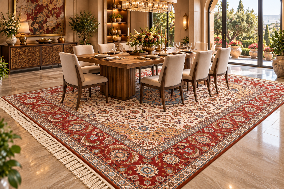 Shirin beige and red Persian medallion machine-made polyester carpet, view 6