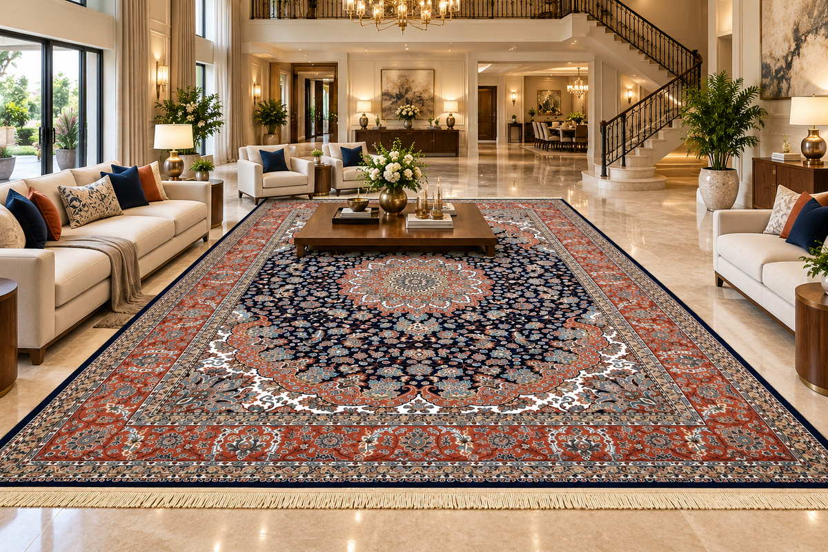 Behnaz navy and rust Persian medallion machine-made viscose carpet, view 4