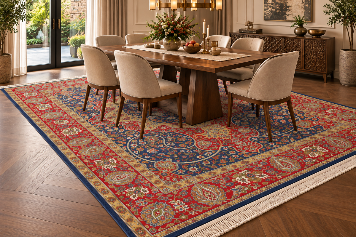 Soraya navy and red Persian medallion machine-made polyester carpet, view 6